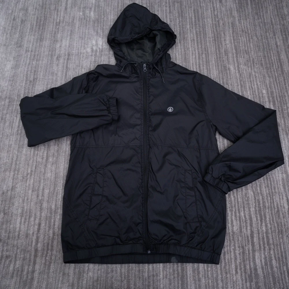 Volcom Ermont Windbreaker Jacket Mens Medium Black Water Resistant Hooded Zip Up